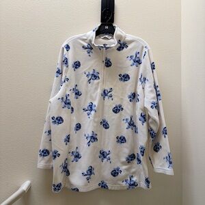 Lands Ends Floral Print White and Blue Fleece Quarter Zip Jacket 2X